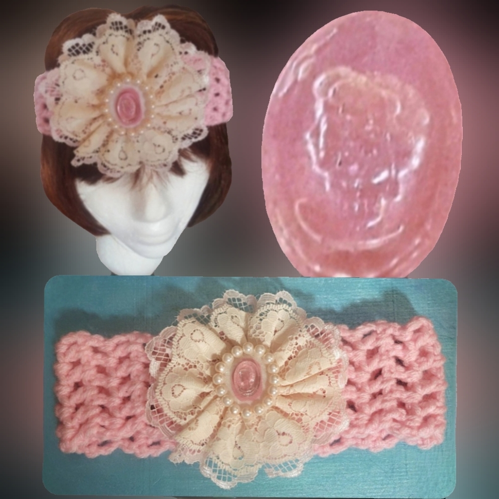 Vtg 30s art deco antique lace flower w/cameo pink crochet headband handmade NWT